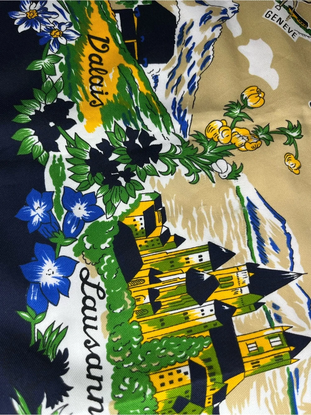 Vintage Map Print Silk Scarf in Navy, Yellow & Green